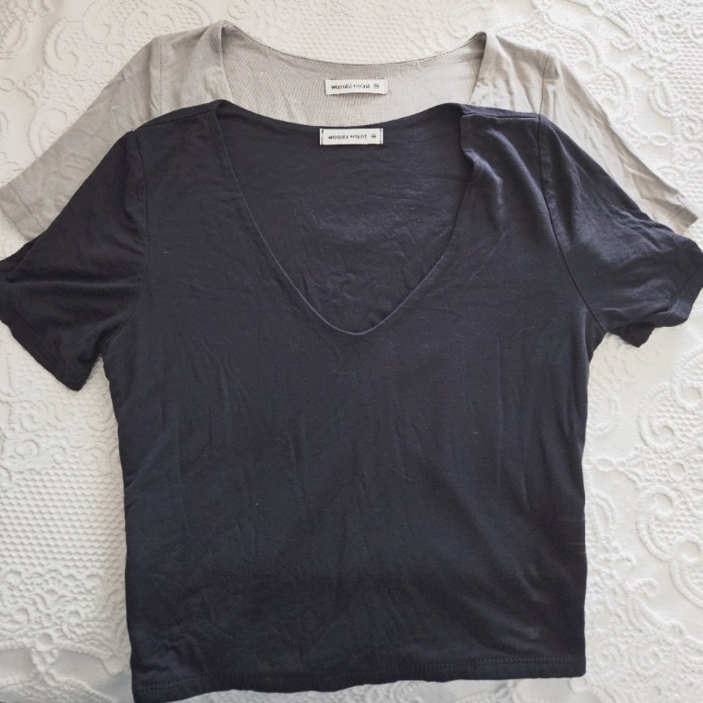 Wasabi-mint Navy Blue and Cream Fitted Short Sleeve T-Shirts Crop